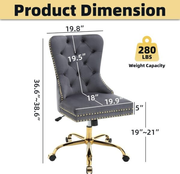ABET Desk Chair with Wheels, Velvet Gold Office Chair Armless Swivel Chair with Tufted High Back Rivet Trim, Comfy Upholstered Ergonomic Computer Chair for Bedroom, Study, Reception Room Grey - Image 3