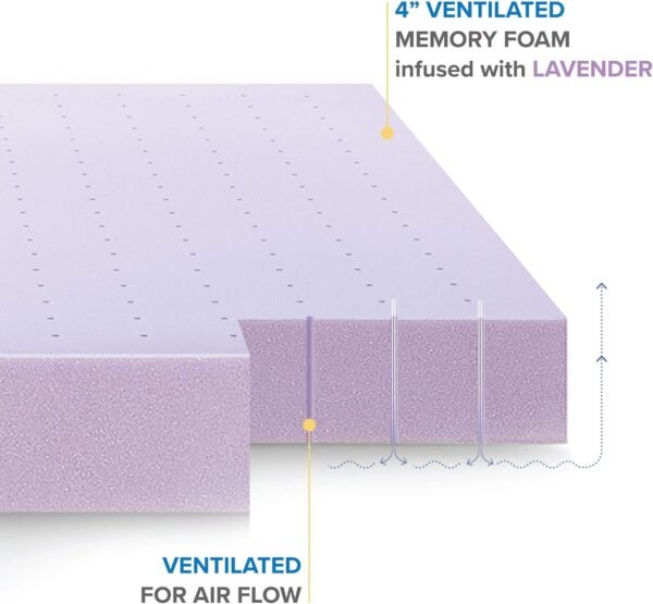 Mellow 4 Inch Ventilated Memory Foam Mattress Topper, Soothing Lavender Infusion, CertiPUR-US Certified, Queen - Image 5
