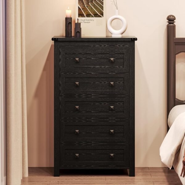 Black Dresser for Bedroom, Vertical 5 Drawer Dresser, Tall Wood Dresser Storage Organizer, Modern Narrow Slim Nightstand Bedside Table of Drawers for Hallway, Living Room, Dorm, Entryway - Image 4