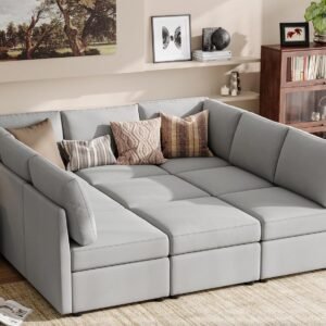 LINSY HOME Sectional Sleeper Sofa, Modular Couch with Memory Foam, Storage Under Each Seat, Sofa Covers Washable Changeable, 7-Seat Sectional Couch with 2 Ottomans, for Living Room, Grey