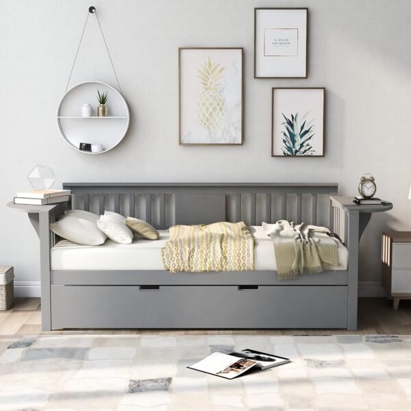 Twin Size Wooden Daybed with Trundle, Solid Wood Day Bed Sofa Bed with Samll Table on Both Sides for Living Room Bedroom Guestroom, Ideal Trundle Bed for Home, Space-Saving, Gray - Image 2