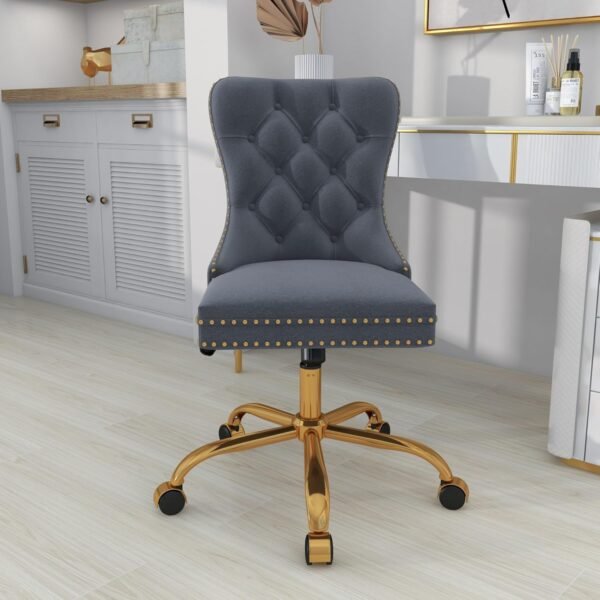 ABET Desk Chair with Wheels, Velvet Gold Office Chair Armless Swivel Chair with Tufted High Back Rivet Trim, Comfy Upholstered Ergonomic Computer Chair for Bedroom, Study, Reception Room Grey - Image 2