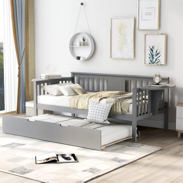 Twin Size Wooden Daybed with Trundle, Solid Wood Day Bed Sofa Bed with Samll Table on Both Sides for Living Room Bedroom Guestroom, Ideal Trundle Bed for Home, Space-Saving, Gray