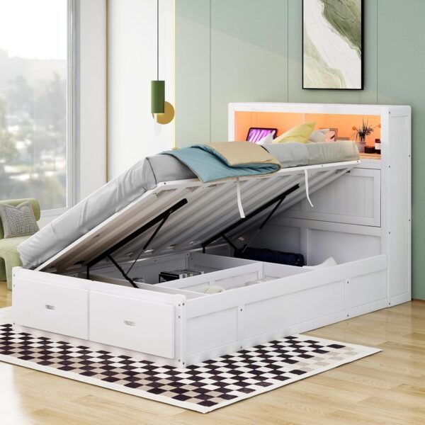 Full Size Platform Bed with Storage Shelves Headboard, Hydraulic Storage Cabinets and 2 Drawers Underneath, Wood Lift Up Bed Frame with LED Light and Charging Station, White