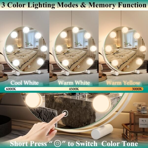 Vierose Vanity Mirror with Lights, Hollywood Mirror with Lights & 7 LED Dimmable Bulbs, 12-inch Makeup Mirror with Smart Touch Control & 3 Color Lighting, 360° Rotation for Bedroom (White) - Image 2