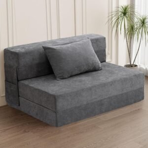 HOMFINE Folding Sofa Bed – Convertible Sleeper Chair with Pillow, Fold Out Couch, Memory Foam Floor Mattress, Futon Couch, Lazy Sofa for Living Room/Dorm/Guest Room/Home Office, Twin, Gray