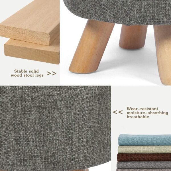 Modern Round Ottoman Foot Rest Stool/Seat Pouf Ottoman with Linen Fabric and Non-Skid Wooden Legs (Grey) - Image 8