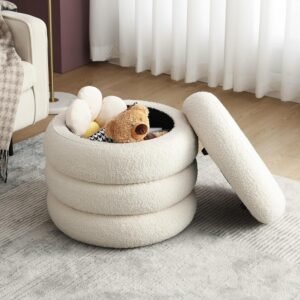 Round Boucle Ottoman with Storage for Dorm, Upholstered Storage Ottoman with Soft Padded Seat, Large Circle Ottoman with Removable Lid, Dorm Decor for College, Living Room, Bedroom, Off White