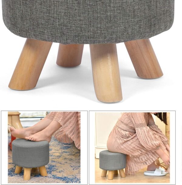 Modern Round Ottoman Foot Rest Stool/Seat Pouf Ottoman with Linen Fabric and Non-Skid Wooden Legs (Grey) - Image 7