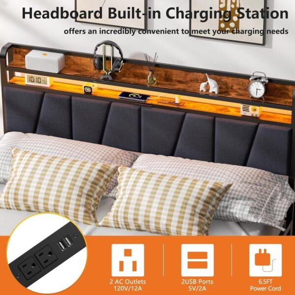 Furnulem Full Size Headboard Storage 2 Tier Headboard with USB Ports for Dorm LED Light College Headboard Shelf Height Adjustable Modern Style Headboard with Charging Station Black - Image 7