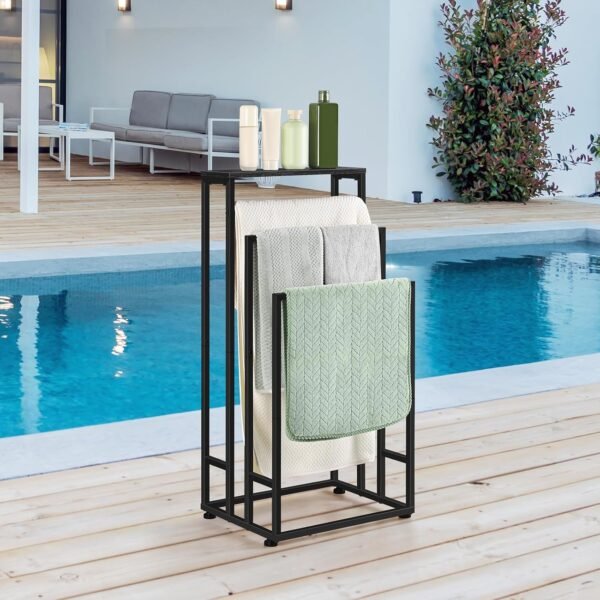 Freestanding Towel Rack 3 Tier Towel Drying Rack for Bathroom Standing Hand Towel Holder Black Towel Rack Stand with Storage Shelf for College Dorm Pool Side (Black) - Image 7