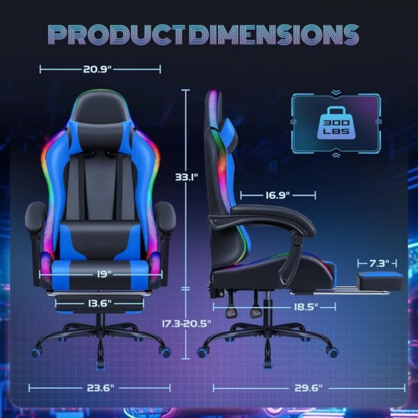 Furmax Gaming Chair with RGB LED Lights, Video Game Chair with Footrest and Massage Lumbar Support, High Back Reclining Computer Chair with Headrest, Swivel Seat Gamer Chair (LED Blue) - Image 3