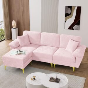 OUYESSIR L Shaped Sectional Sofa Couch, 3 Seat Velvet Sofa with Ottoman and Pillows, Upholstered Comfy Couch Sleeper for Living Room, Bedroom, 88 inches (Pink)