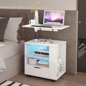 dnbss LED Nightstand with Charging Station, 360° Swivel Bedside Table with Wheels and Drawer, Smart Night Stand with Laptop Table for Bedroom, Modern End Side Table (White)