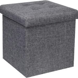 B FSOBEIIALEO Storage Ottoman Cube, Toy Chest Folding Footrest for Living Room Seat, 12.6″X12.6″X12.6″ (Linen Grey)