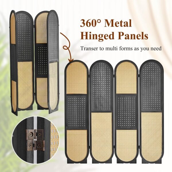 Pegboard Room Divider Panel, Rattan Room Dividers and Folding Privacy Screens, 4 Panel Pegboard Display with 16 Hooks, Wood Room Divider Wall for Jewelry Store, Bazaar, Bedroom, Black - Image 4