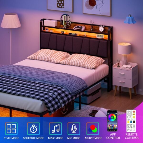 Furnulem Full Size Headboard Storage 2 Tier Headboard with USB Ports for Dorm LED Light College Headboard Shelf Height Adjustable Modern Style Headboard with Charging Station Black - Image 4