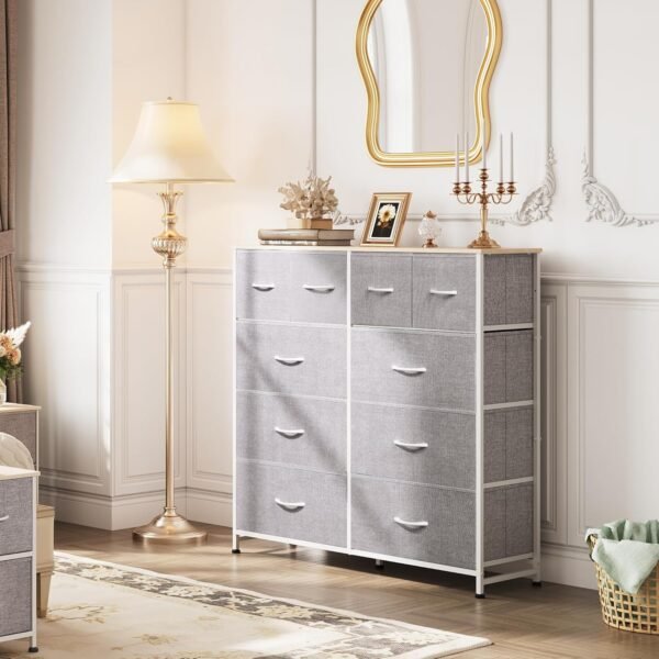 WLIVE Fabric Dresser for Bedroom, Dresser with 10 Drawers, Storage Tower with Fabric Bins, Double Dresser, Chest of Drawers for Closet, Living Room, Hallway, Light Grey - Image 2