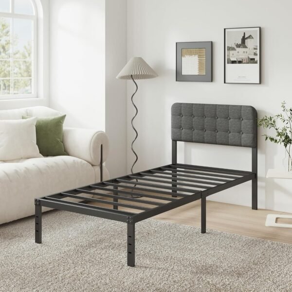 Twin Bed Frames with Upholstery Headboard, 14 Inch Twin Bed Frame No Box Spring Needed Support Up to 2500 lbs, Noise Free, Easy Assembely, Grey - Image 7