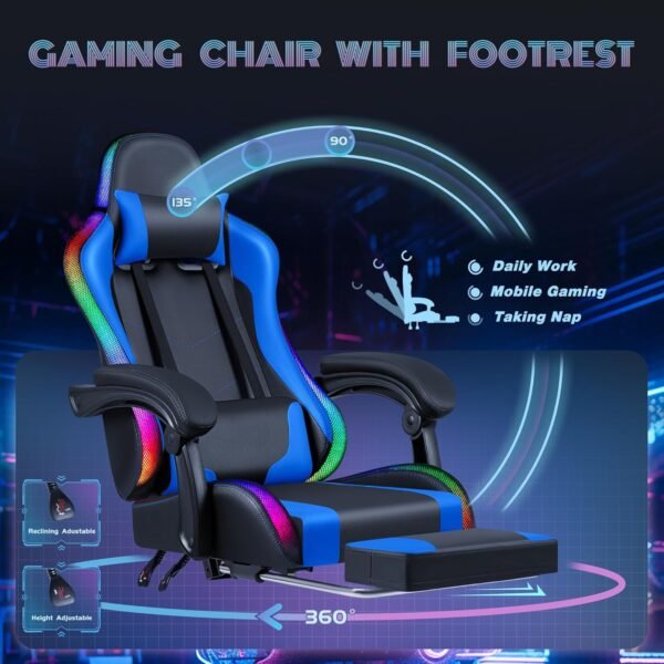 Furmax Gaming Chair with RGB LED Lights, Video Game Chair with Footrest and Massage Lumbar Support, High Back Reclining Computer Chair with Headrest, Swivel Seat Gamer Chair (LED Blue) - Image 6