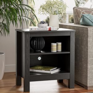 Black End Table, Wood Side Sofa Table with Two Open Storage Cabinets for Living Room,Bedroom