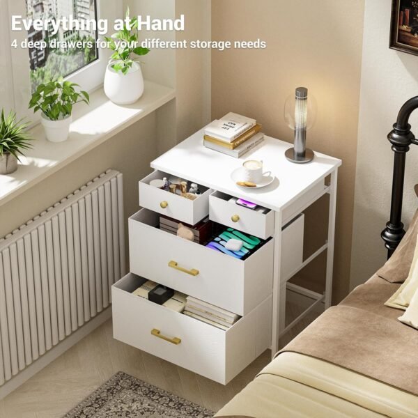 Nightstand, Small Dresser, Bedside Furniture, White Night Stand End Table with 4 Fabric Drawers for Bedroom, Leather Finish & Wood Top, White - Image 2