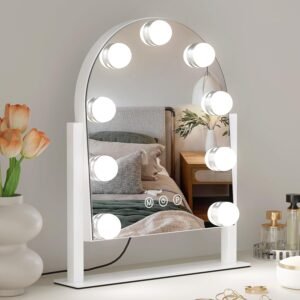 Vanity Mirror with Lights, 14”x12” Arched Hollywood Makeup Mirror with 3 Color Modes and 9 Dimmable Bulbs, Desk Vanity Mirror with Memory, White