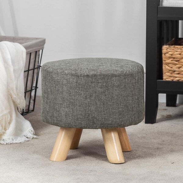 Modern Round Ottoman Foot Rest Stool/Seat Pouf Ottoman with Linen Fabric and Non-Skid Wooden Legs (Grey) - Image 10