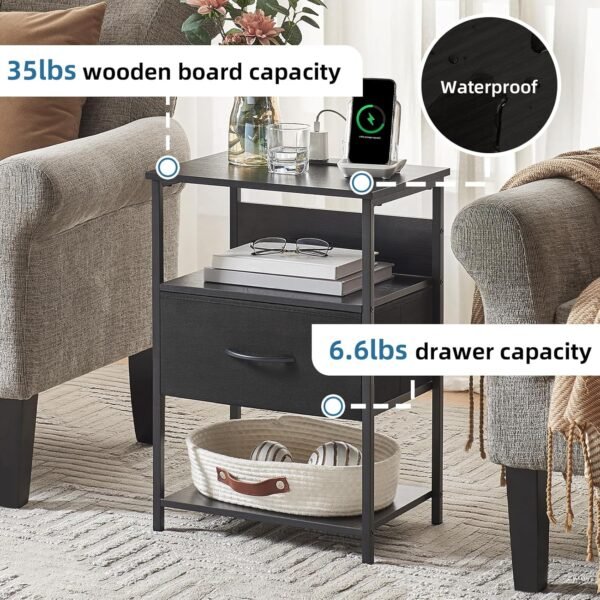 Somdot Black Nightstand with Charging Station and LED Light for Bedroom, Bedside Table End Table for Dorm Living Room Bedside Nursery Laundry Closet Entryway Hallway, Black - Image 7