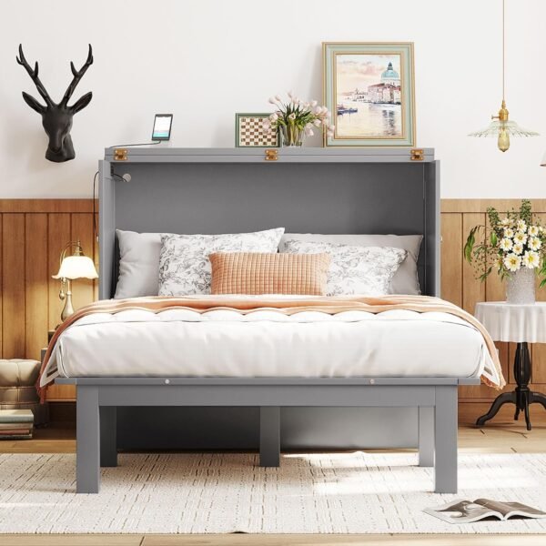 Murphy Bed Full Szie,Cabinet Hideaway Bed with USB Port and Removable Shelves,Wall Bed W/ 2 Movable Desks,can be Folded,Platform Bedframe for Kids Bedroom,Student Dorms,Gray - Image 5