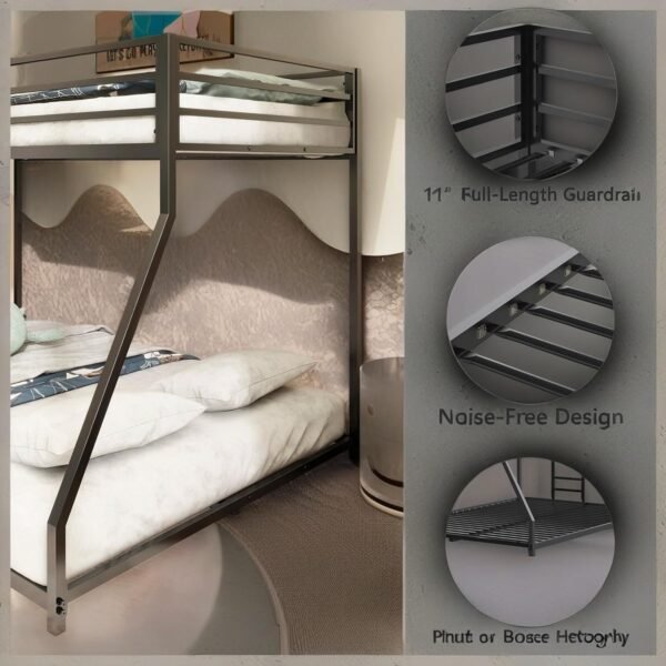 ROOMTEC Twin Over Full Metal Bunk Beds Frame with Stairs & Full-Length Guardrail for Bedroom, Space-Saving, No Box Spring Needed, Firm, Stable, Easy to Climb, Black - Image 6