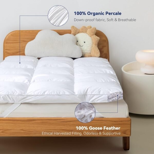 3 Inch White Goose Feather Mattress Topper,Twin Feather Bed Topper,Mattress Cover with Straps,Ultra Soft Pillowtop,100% Organic Cotton Fabric(39”x75”) - Image 4