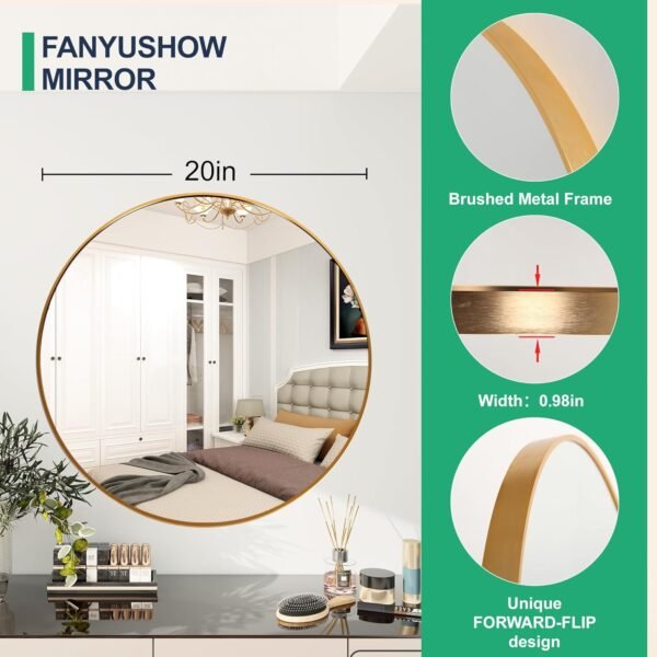 FANYUSHOW Gold Round Mirror, Round Mirror 20 inch, Gold Circle Mirror Metal Frame, Round Wall Mounted Mirrors for Living Room, Bathroom, Wall, Entryway, Vanity,Trend Style - Image 3