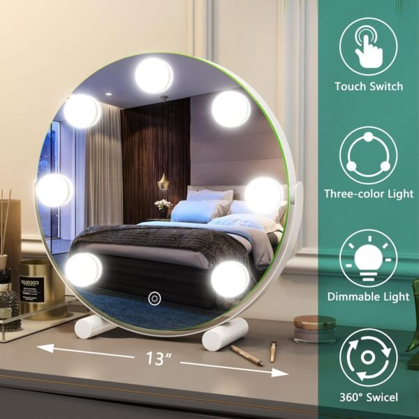 Vierose Vanity Mirror with Lights, Hollywood Mirror with Lights & 7 LED Dimmable Bulbs, 12-inch Makeup Mirror with Smart Touch Control & 3 Color Lighting, 360° Rotation for Bedroom (White) - Image 6