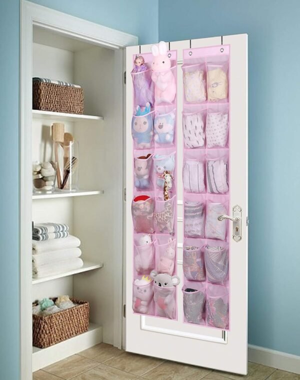 MISSLO Over The Door Shoe Organizer 12 Large Mesh Pockets, White + Pink - Image 7