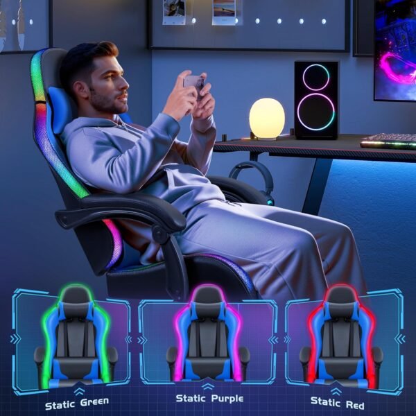 Furmax Gaming Chair with RGB LED Lights, Video Game Chair with Footrest and Massage Lumbar Support, High Back Reclining Computer Chair with Headrest, Swivel Seat Gamer Chair (LED Blue) - Image 8