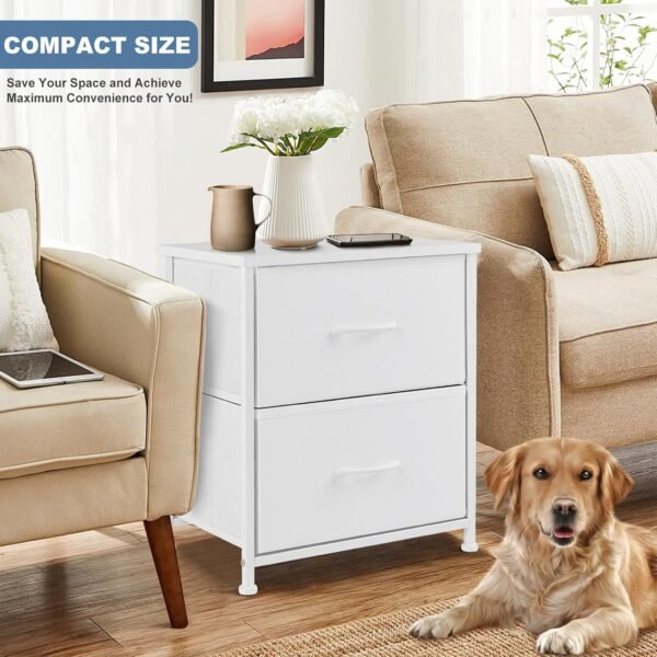 DUMOS Nightstand Small Dresser with 2 Fabric Drawers Side Bedroom End Table Kids Bedside Storage Furniture for 20 inch Tall Night Stand for Closet, Entryway, College Dorm, Medium, White - Image 2