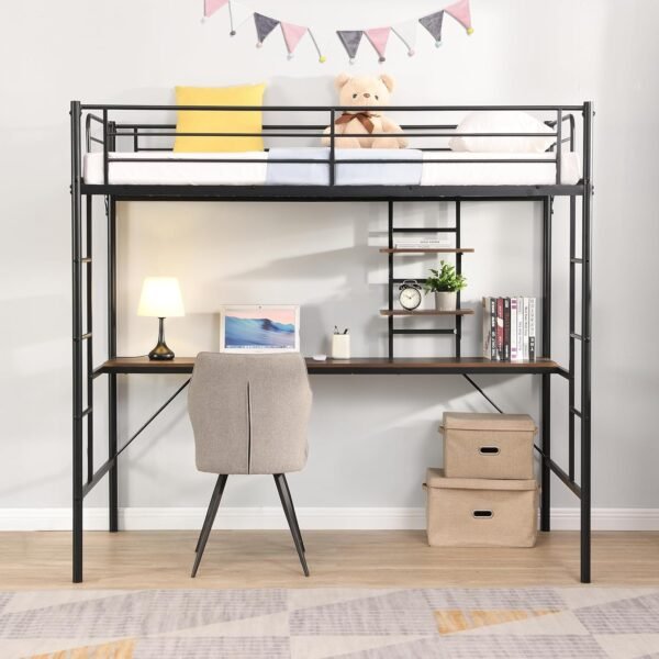 Twin Loft Bed with Desk,Metal Loft Bed with Desk with Storae Shelves,Metal Loft Bed Frame with Ladder & Guardrail for Teens Adults, Space-Saving, Noise Free,No Box Spring Required