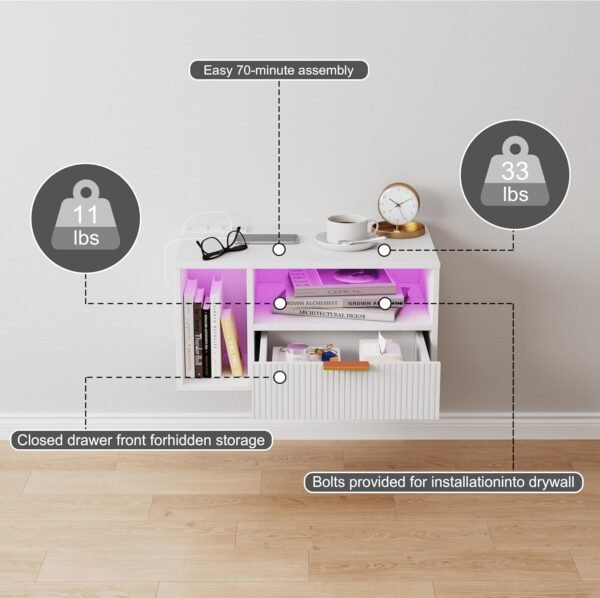 White Floating Nightstand with Charging Station and LED Lights,White - Image 7