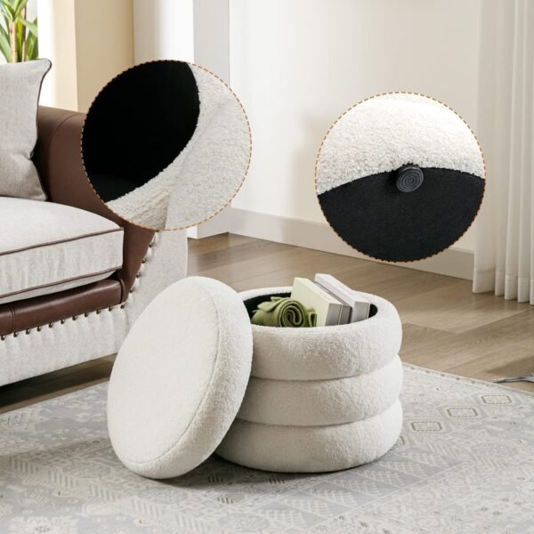 Round Boucle Ottoman with Storage for Dorm, Upholstered Storage Ottoman with Soft Padded Seat, Large Circle Ottoman with Removable Lid, Dorm Decor for College, Living Room, Bedroom, Off White - Image 4