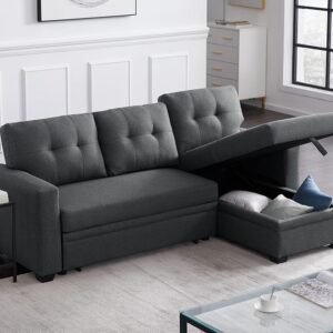 RITSU Button Tufted Sectional L-Shape Pull Up Convertible Sleeper Sofa Bed with Storage Chaise for Living Room, Small Apartment, Dorm, 82 Inch, A6-Dark Gray