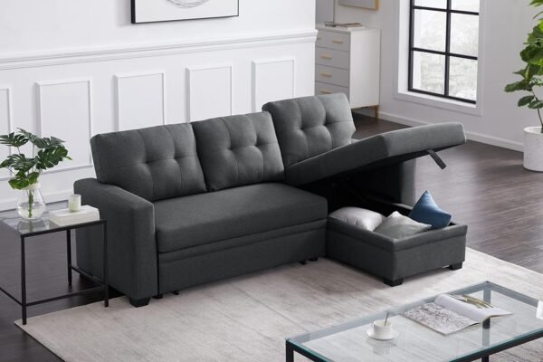 RITSU Button Tufted Sectional L-Shape Pull Up Convertible Sleeper Sofa Bed with Storage Chaise for Living Room, Small Apartment, Dorm, 82 Inch, A6-Dark Gray