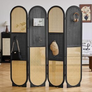 Pegboard Room Divider Panel, Rattan Room Dividers and Folding Privacy Screens, 4 Panel Pegboard Display with 16 Hooks, Wood Room Divider Wall for Jewelry Store, Bazaar, Bedroom, Black