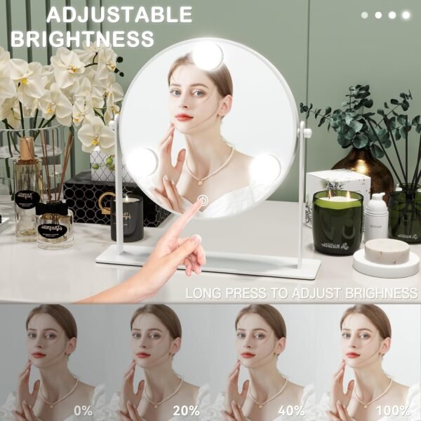 10"x10" Lighted Makeup Mirror, Hollywood Vanity Mirror with 3 Dimmable LED Bulbs, Dimmable Touch Screen, Light up Mirror, Portable Travel Mirror, 360° Rotation, White - Image 3