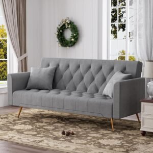 OUYESSIR Velvet Futon Sofa Bed with 2 Pillows, Convertible Futon Small Couch, 71 inch Sleeper Sofa for Bedroom Living Room, Grey