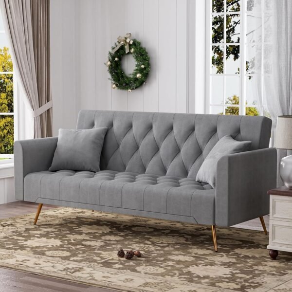 OUYESSIR Velvet Futon Sofa Bed with 2 Pillows, Convertible Futon Small Couch, 71 inch Sleeper Sofa for Bedroom Living Room, Grey