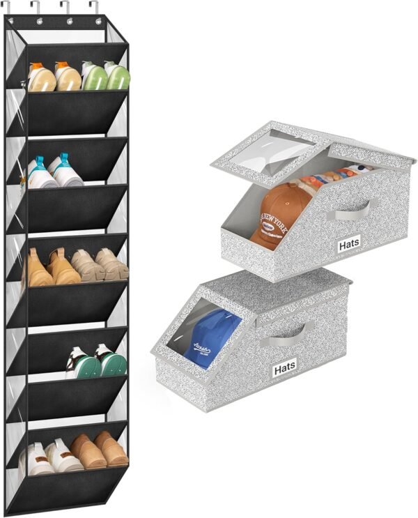AOODA 10 Tier Clear Over the Door Shoe Organizer Storage, 2 Pcs Stackable Hat Storage for Baseball Caps, 2 Item Bundle