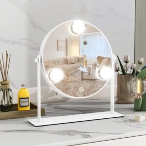 10″x10″ Lighted Makeup Mirror, Hollywood Vanity Mirror with 3 Dimmable LED Bulbs, Dimmable Touch Screen, Light up Mirror, Portable Travel Mirror, 360° Rotation, White