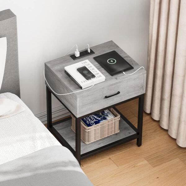 Set of 2 Grey Nightstands with Charging Station, End Tables Living Room with Drawer and Shelf, Bedside Table with USB Port & Power Outlet for Bedroom College Dorm - Image 4