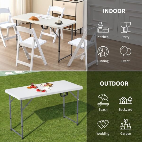 BOOSDEN 4 Foot Folding Table, Portable Rectangle Card Table, Indoor Outdoor Plastic Fold-in-Half Utility Table with Carrying Handle, Adjustable Height Foldable Table for Picnic,Party,Camping,Office - Image 7